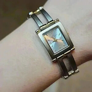 Anne Klein Satin Finish Silver Rectangle Link Watch with Gold Accents